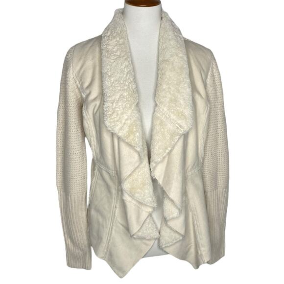 Knox Rose Vegan Suede Sherpa Open Cardigan Cream Sweater Small Boho Cowgirl - Picture 2 of 16